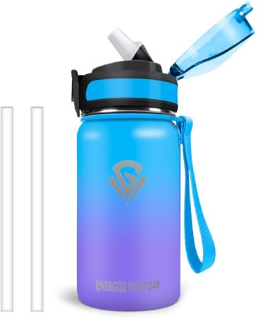 Vikastar Gourde Isotherme, 500ml sans BPA, Bouteille Isotherme, Anti-Fuite, Gourde Inox, Réutilisable, Gourde Enfant Inox pour Enfant, Adultes, Sport, École, Bleu & Violet