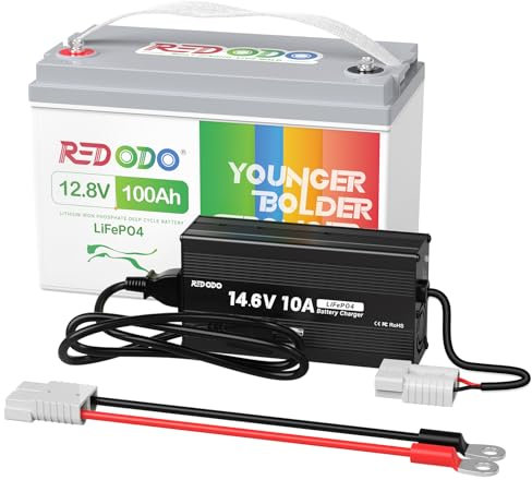 Redodo 12,8V 100Ah LiFePO4 Batteria con 14,6V 10A Caricabatterie Litio, BMS 100A Integrato, 10 Ore di Carica Rapida e Completa per RV, Campeggio, Casa Solare, Marina, Barca