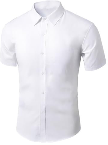 JiaYouLC Men's Short Sleeve Shirts for Men Classic Stretch Casual Shirts with Standard Collar (UK, Alpha, L, Regular, Regular, White)