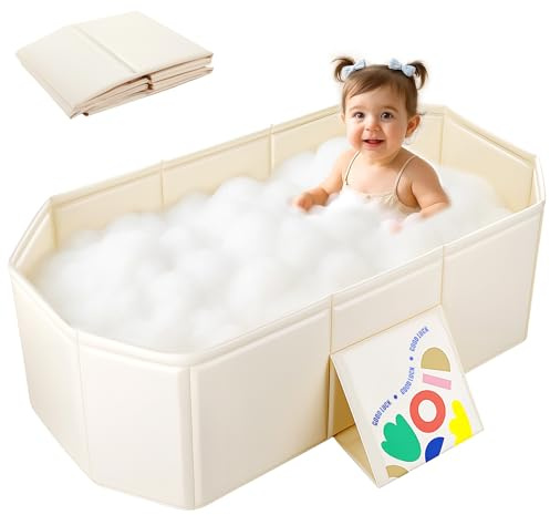 Faltbare Badewanne für Kinder, Tragbare Kleinkindbadewanne for 0-4 Years, Ablassschraube und rutschfester Basis, Integrierte Planschbecken Faltbar für Innen und Außenbereich, Weiß