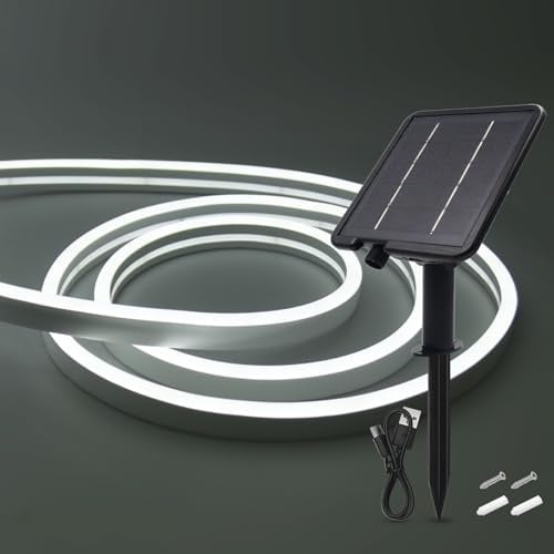 HEGEHE Solar LED Strip, Solarbetriebene Neon LED Streifen Außen, 120leds/m, 8 Modi, Schneidbar, IP65 Wasserdicht Diffusion Flex LED Schlauch Band für Garten, Balkon, Treppe (Weiß, 0.5M)