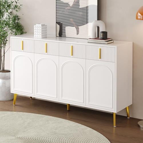 OLIVIBED Sideboard mit 4 Türen, Modern Kommode mit 4 Schubladen, Schubladenschrank mit Griff und Beine, Küchenschrank für Flur, Schlafzimmer, Wohnzimmer, Geschwungenes Design, 140x38x82cm, Weiß
