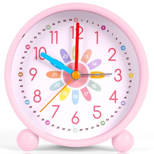 OSDUE Analog Wecker Kinder ohne Ticken,Kinderwecker für Schulanfänger Lautloser Lernwecker Analog Wecker für Jungen und Mädchen Kindertagesgeschenk Batteriebetriebene Weckuh (Nicht Batterien)- Rosa