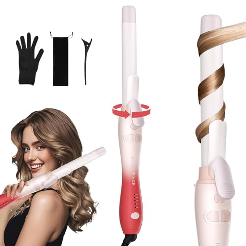 Lockenstab Automatisch Hair Curler with Klemme, Rotierend Curling Iron 1 Inch mit Tourmalin Keramik, 110V-240V, Extralanges Fass Lockenstäbe Schafft Lockere Locken für Mittleres Langes Haar, Pink Red