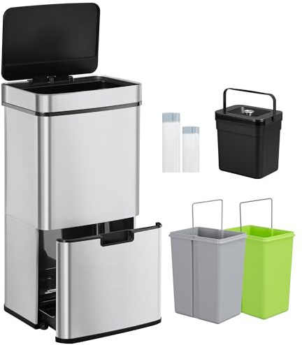 Hzuaneri Sensor Küchen Mülleimer 72 L, Automatischer Abfalleimer mit 3+1 Fächer, Mülltrennsystem, Mülleimerdeckel mit Soft-Close-Funktion, Edelstahl, 30 Müllbeuteln, Silber SW37299E