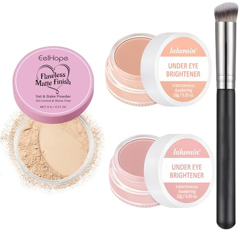 2 Stück Under Eye Brightener(10g x 2) und Setting Powder, Inklusive Puderquaste und Concealer-Pinsel, Aufhellender Concealer,Color Corrector Augenringe, Augenringe Abdecken, Aufhellender