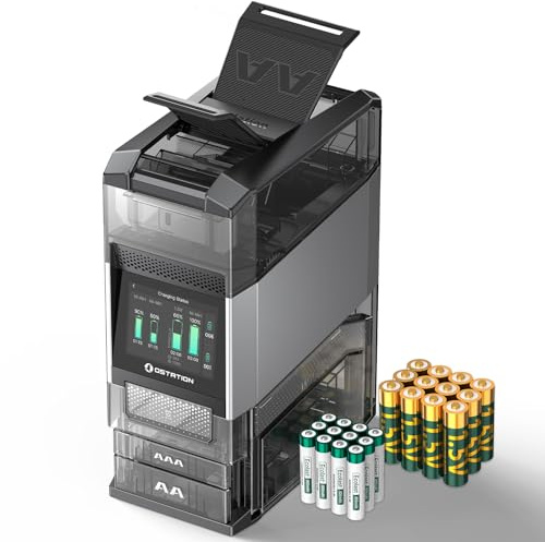 Ostation 2 Pro AA AAA Rechargeable Battery Charging Station w/ 24 Batteries | 12 AA Li-ion & 12 AAA NiMH Batteries, Polarity-Free, 3 in 1 Charger Organizer Tester for Gamers, Cameras & Smart Homes