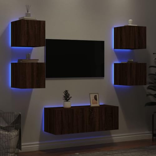 Ziaphsol 6-TLG. Wohnwand mit RGB-LED-Beleuchtung, Braun Eichen-Optik, 30,5x35x30 cm, modernes Entertainment Center für Wohnzimmer, stabiles Holzwerkstoff TV-Möbel Set