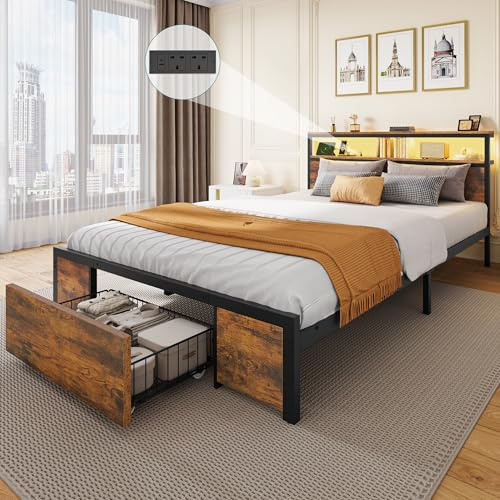 YITAHOME Bed Frame,LED with Headboard,Type-C USB Ports & Charging Outlets,Metal Platform Bed Frame No Box Spring Needed King Size Brown