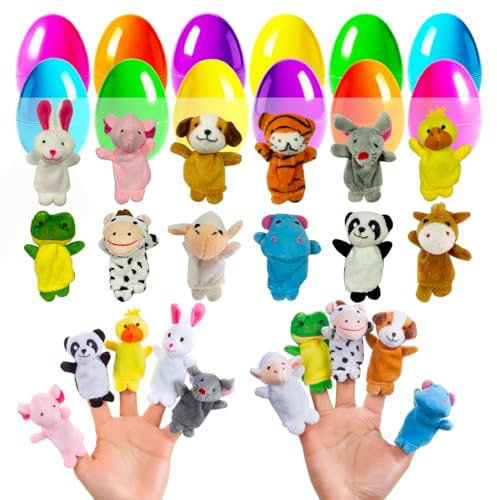 LIYROIUB Ostereier gefüllt mit Tier-Fingerpuppen, Plüschtiere – Osterkorbfüller und vorgefüllte Ostereier, Jagdpreis, Partygeschenke für Kinder, 12 Stück