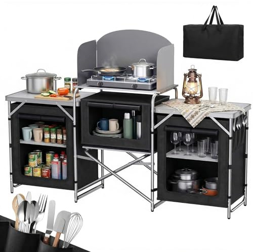 Sekey Campingküche Faltbar, Campingschrank mit Arbeitsplatte und Staufächern, Outdoor Küchenschrank mit Aluminiumgestell, Ink. Tragetasche, Mobile Schränke für Outdoorküche, Vorzelt, Wohnwagen