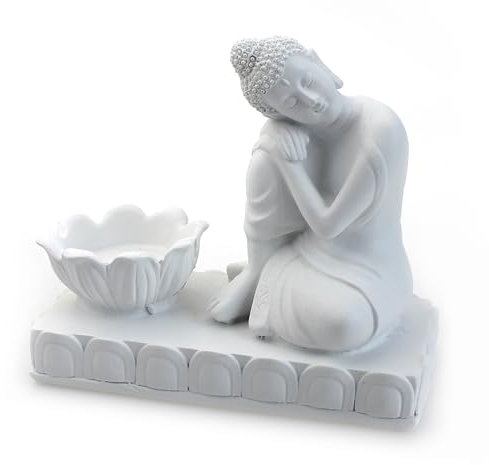 TEMPELWELT® Deko Figur Ruhender Buddha sitzend mit Teelichthalter 14 x 12 cm, Polystein weiß, Dekofigur Buddha Gauthama schlafend ruhend mit Kerzenhalter