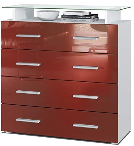 Vladon Sideboard Pavos V2, Kommode mit 4 Schubladen und Glasablage, Weiß matt/Bordeaux Hochglanz (76 x 81 x 35 cm)