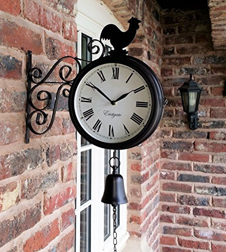 Westminster Cockerel And Bell Outdoor Garden Clock With Station Bracket Double Sided - 20Cm Diameter