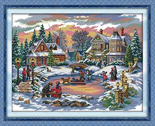 YEESAM ART Unstamped Cross Stitch Kits for Adults, Winter Scene Christmas Happy Time 14ct Counted Unprinted Embroidery Kit Needlework Wall Art Decor