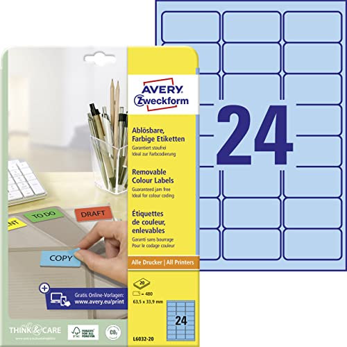 AVERY Zweckform L6032-20 Blaue Etiketten (480 Aufkleber, 63,5x33,9mm auf A4, wieder rückstandsfrei ablösbar, selbstklebende Farbetiketten, Papier matt, bedruckbare, farbige Klebeetiketten) 20 Blatt