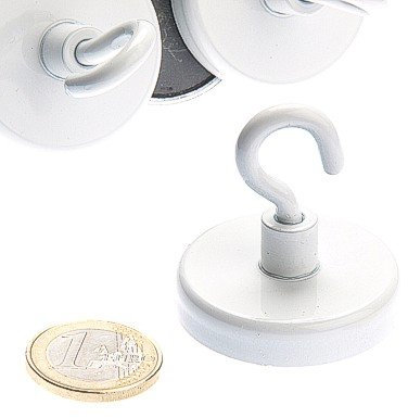 Hakenmagnet Ø 40 mm FERRIT - weiß - hält 12,5 kg Topfmagnet mit Haken Dekomagnet