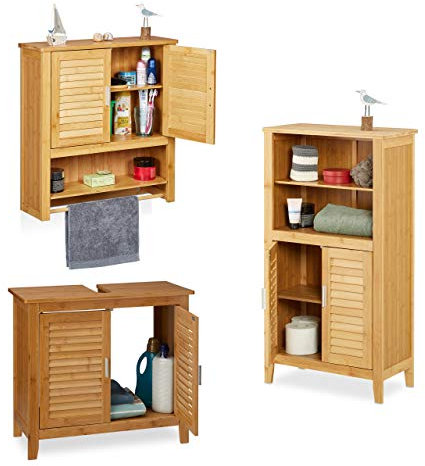 Relaxdays 3 TLG Badeinrichtungs Set LAMELL, Waschbeckenunterschrank, Badschrank mit Türen, Hängeschrank mit Handtuchhalter, Bambus
