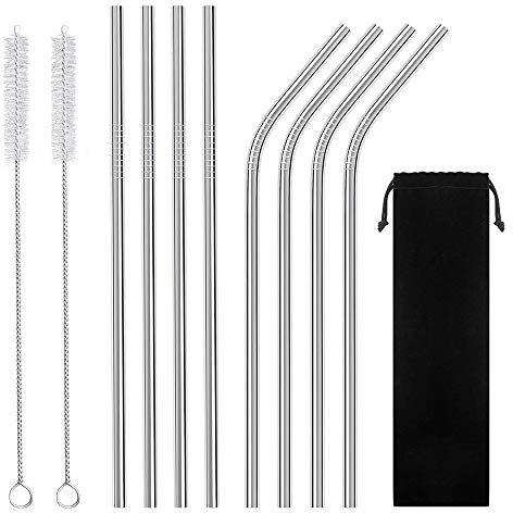 8 PCS Stainless Steel Straws, YOCZOX Eco-Friendly Reusable Metal Straws 10.5 with 2 Cleaning Brush & Pouch for 20oz/ 30oz Tumblers Rumblers Mugs, Smoothie, Milkshake, Cocktail, Hot Drinks