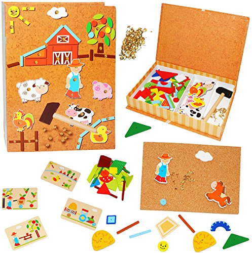 alles-meine.de GmbH XL - Hammerspiel - Bauernhof & Tiere - 174 Teile/für Kinder - Klopfspiel Nagelspiel - Nagel Hammer Holz bunt - Hämmerchen mit Korkplatte & Vorlagen - Hä..