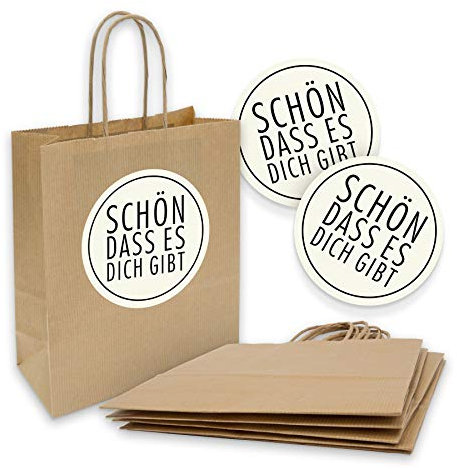 5x itenga Papiertragetaschen + Aufkleber Schön dass es dich gibt weiß schwarz Geschenktüten mit Kordel 18x8x22cm 90g braun Kraftpapiertüten Kraftpapierbeutel mit Griff mittlere Größe