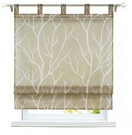 ESLIR Raffrollo mit Schlaufen Gardinen Küche Raffgardinen Transparent Schlaufenrollo Modern Vorhänge Braun BxH 140x140cm 1 Stück