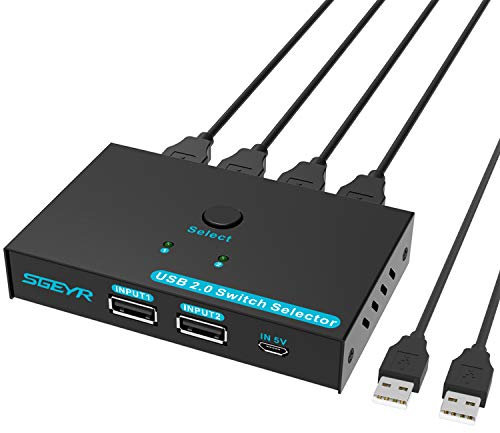 SGEYR - Conmutador de 4 puertos USB 2.0 (2 en 4 salidas, con 2 juegos de cables USB para 4 unidades USB, para impresoras, escáneres, teclados, memorias USB, discos duros, ratones, etc.)