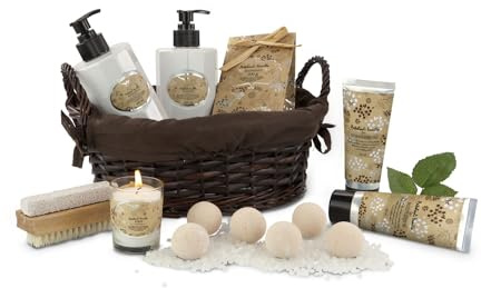 Römer Wellness Geschenkset: Manila, 14-teilig: Shampoo, Schaumbad, Bodylotion, Körperpeeling, Badesalz, Kerze, 6 Badekugeln & 2in1 Nagelbürste + Weidenkorb, Patchouli Vanille; ca. 30 x 25 x 20 cm