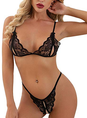 heekpek Set Lingerie Donna Intimo Confortevole Reggiseno Pizzo Regolabile Completi Intimi con Reggiseno e Perizoma, Nero, S-M