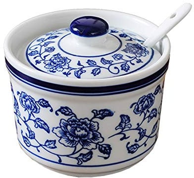Retro Ceramic Blue and White Sugar Bowl Seasoning Pot Storage Jar with Lid