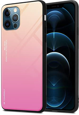 Cadorabo Estuche Compatible con Apple iPhone 12 Pro MAX en Amarillo - Rosa - Funda Protectora Bicolor Fabricada en Silicona TPU y Parte Trasera de Cristal Templado