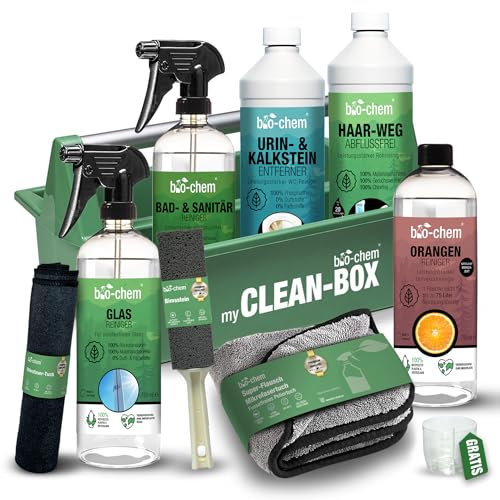 bio-chem Badreiniger PREMIUM Set 9-teilig - Haar-Weg Abflussreiniger, Urinsteinentferner, Bad- und Sanitärreiniger, Glasreiniger, Orangenreiniger, Bimsstein, Mikrofasertücher & Tragebox - Made in DE