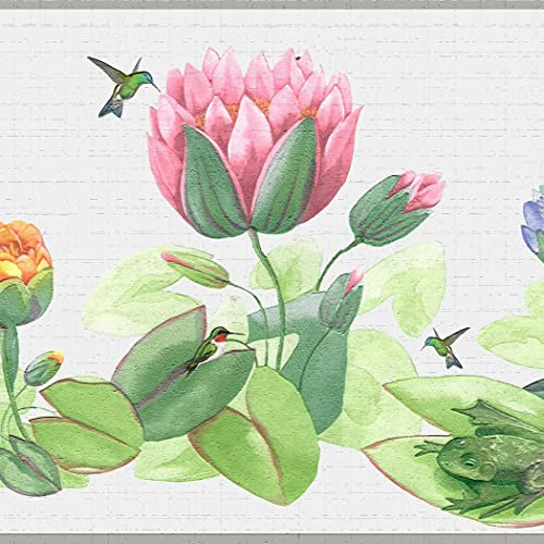 Dundee Deco DDAZBD9352 Peel and Stick Wallpaper Border - Floral Green Pink Purple Birds and Flowers Wall Border Retro Design, 15 ft x 7 in (4.57m x 17.78cm), Self Adhesive