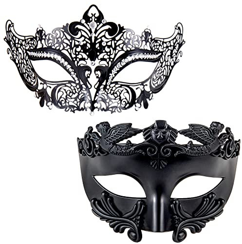 MYSEUNI Maskerade für Paare – Römischer Griechischer Mann & Venezianische Metall Frauen Maske für Maskarade Ball Karneval Halloween, Schwarz, One Size Fits Most