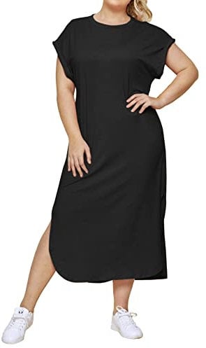 Fashion Star Womens Solid Casual Turn Up Cap Sleeve Baggy Side Split Maxi Long Dress Black Plus Size (UK 16/18)