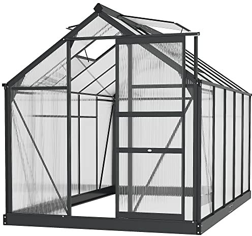 Outsunny 6 x 10ft Polycarbonate Greenhouse, Large Walk in Green House with Slide Door and Window, Garden Plants Grow House with Aluminium Frame and Foundation, Grey