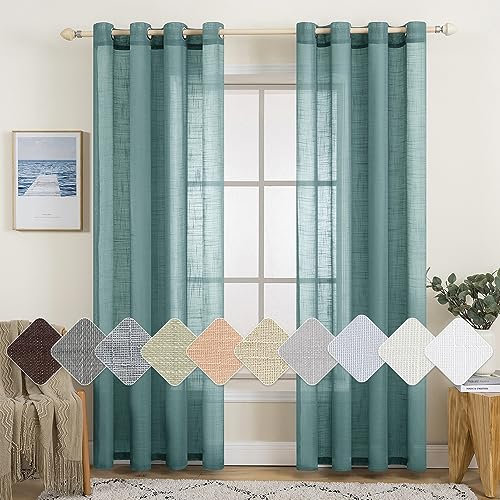 MIULEE 2er Set Voile Vorhang Sheer Leinenvorhang mit Ösen Transparente Leinen Optik Gardine Ösenschal Wohnzimmer Fensterschal Lichtdurchlässig Dekoschal Schlafzimmer 140x225cm (B x H) Staubiges Blau