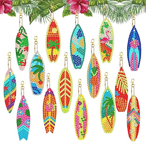 15 Stück 5D Diamant Malerei Schlüsselanhänger Hawaiian Hausschuhe DIY Doppelseitiger Diamant Vollbohrer Strass Malerei Kunst Schlüsselring Mosaik Diamant Handwerk Anhänger für Schlüsseletui Handwerk