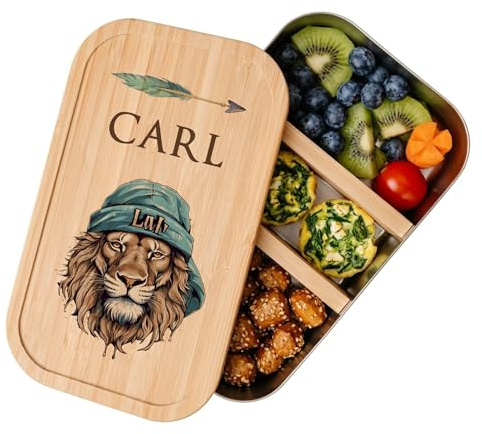 Manufaktur Liebevoll - Personalisierte Brotdose mit Fächern, Edelstahl Lunchbox mit Bambus Deckel u. Trenner, Nachhaltige Brotbüchse | Mädchen, Jungen (Motiv Löwe, Edelstahl | Größe S)