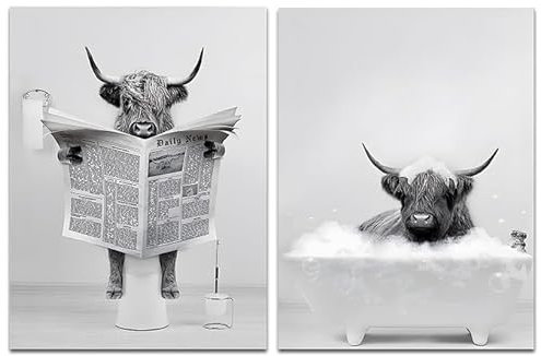 QPLGTU Badezimmer Haus Hintergrund Wanddekoration Poster, Schwarz und weiß Hochland Vieh Tier Dekoration Fotos Tapete, lustige Tier Druck Poster, Rahmenlos (Hochlandrinder 4, 50x70cm*2)