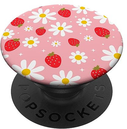 Cute Pink Strawberry White Daisy Design Flowers Kawaii Fruit PopSockets Adhesive PopGrip