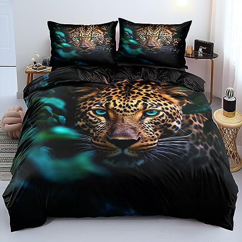 Gnomvaie Leopard Bettwäsche 135x200cm 3D Tier Muster Bettbezug Schwarz Weich Mikrofaser mit Reißverschluss und Kissenbezug 80x80cm