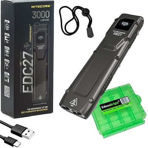 EdisonBright Nitecore EDC27 3000 Lumen USB Rechargeable Flat Slim Body LED Flashlight Charging Cable Carrying case