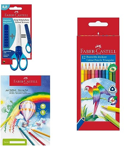 FABER-CASTELL - Kreativ Set mit Schere, Buntstifte und Malblock | Mit Zeichenblock A4, Schere mit Klingenschutz und 12 Farbstiften für Kinder