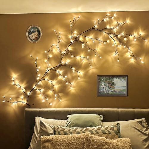 SZMiNiLED Vine Lights for Bedroom 7.9FT 144 LED Warm for Wall Decor | Vine Lights For Bedroom 7.9Ft 144 Warm LED Bendable Willow Vine For Window Frame Living Room Fireplace Decor