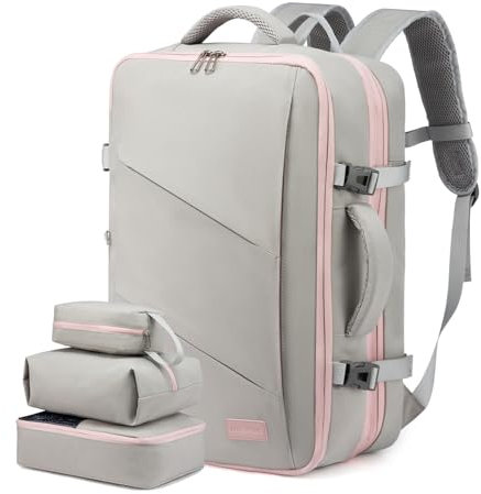 LOVEVOOK Sac à Dos Voyage Cabine Avion 40L Grand Sac à Dos Bagage à Main Antivol Sac à Dos Ordinateur Portable 17.3 Pouces Imperméable Sac Ados Homme Femme Gris Rose