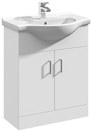 Balterley Vanity Unit with Basin Floor Standing, 2 Door Soft Close with Curve Sink and Handle, Bathroom Vanity Units with Basin, Bathroom Sink Storage Cabinet - 650 x 446 x 836mm (White)