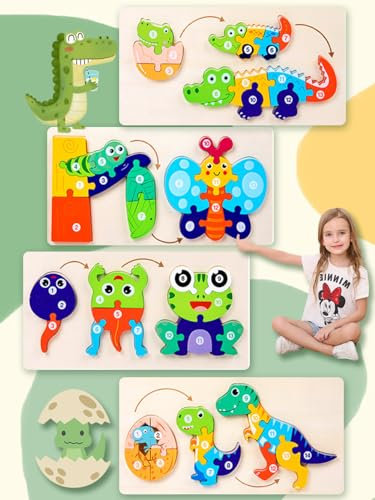 Fullware 4 Sets Tiere Lebenszyklus Holzpuzzle ab 2 3 4 5 6 Jahre(13-14 Teile)- Dinosaurier, Schmetterling, Frosch, Krokodil, Montessori Spielzeug 3D Puzzle Kinder - Geschenk für Jungen und Mädchen
