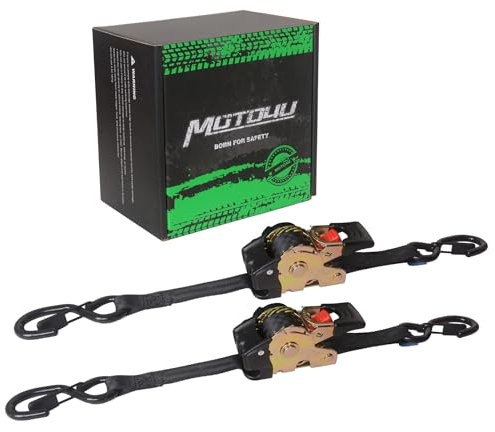 MOTO4U Lot de 2 Sangles à cliquet rétractables avec Crochet - 2,5cm x 1,8 m - 680 kg - pour Moto, Cargo, camions
