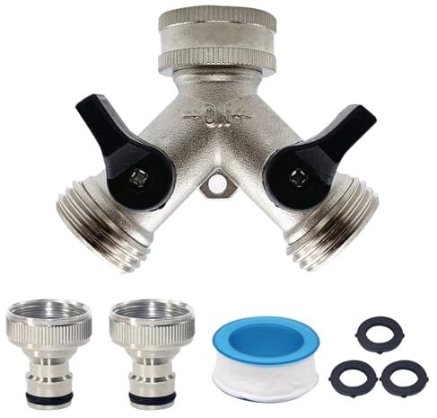 2 Way Garden Hose Splitter, 3/4 Y Valve Garden Hose Connector with Individual On/Off 2-Way Tap Connector Garden Hose Tap Connector with Quick Connector for Outdoor Gardening